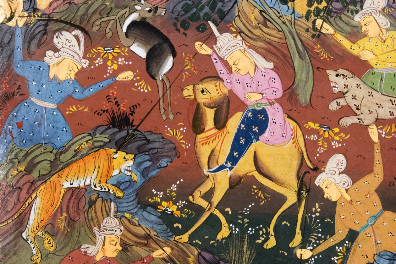 Jegere montert og til fots dreper hjort og tiger (ugjennomsiktig akvarell på papir) (detalj av 272916) av Persian School