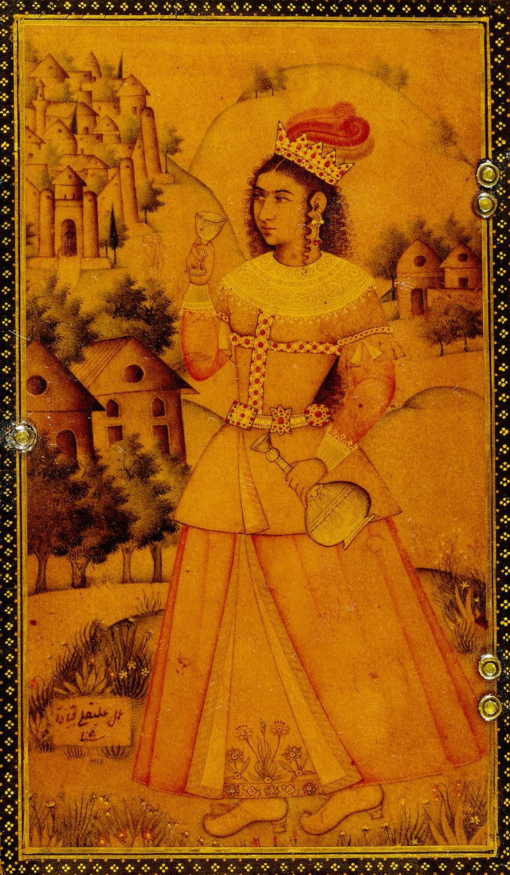 Interiør i et speilhus malt med en stilisert europeisk dame som holder en vinkopp og en flaske, 1600-tallet av Persian School