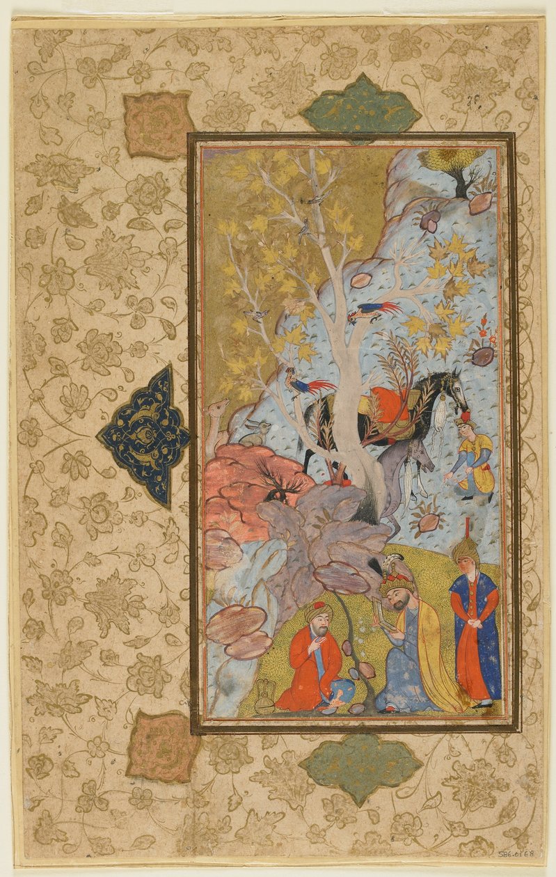 Iskandar besøker en eremitt, Shiraz, Iran, ca. 1580-1600 (ugjennomsiktig akvarell, blekk og gull på papir) av Persian School