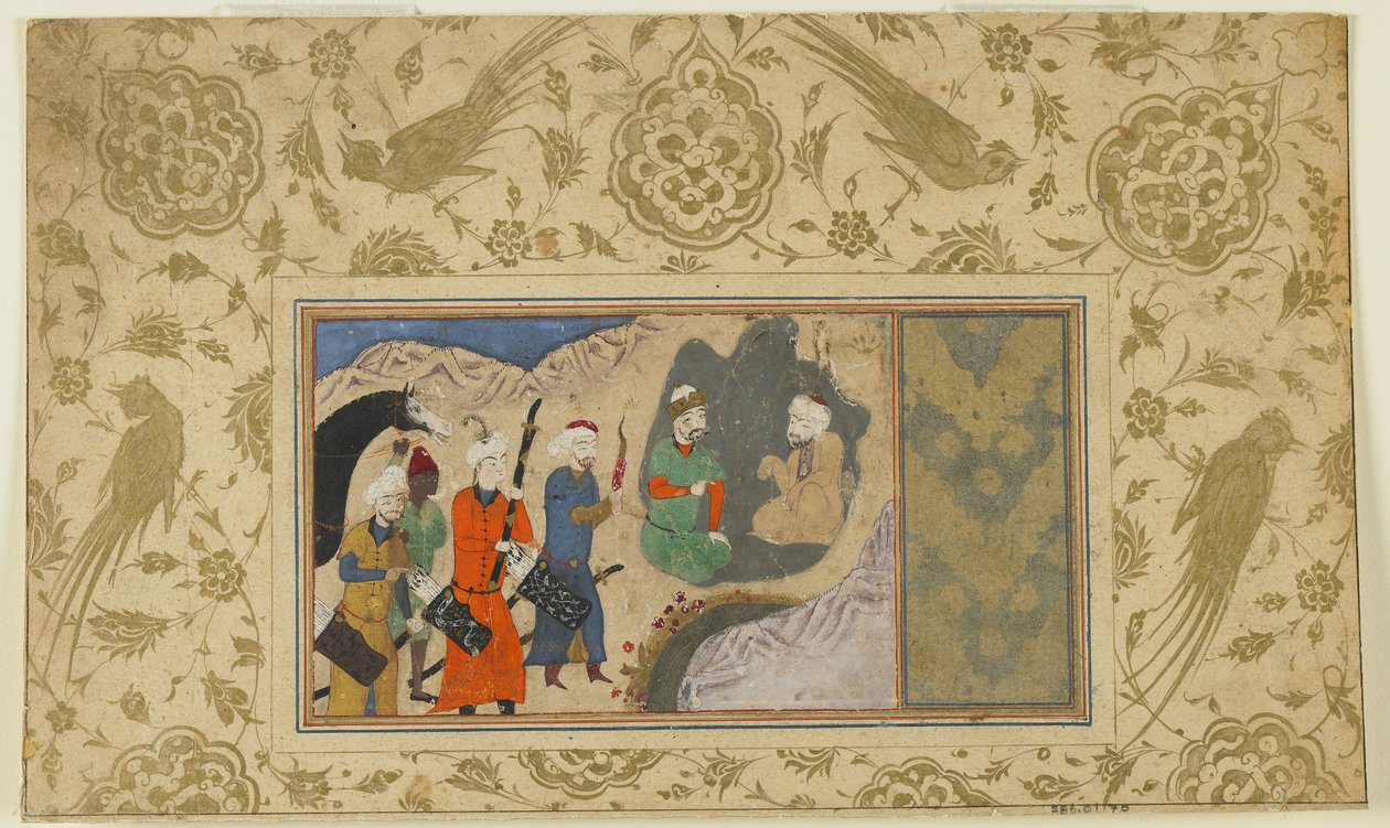 Iskandar besøker en eremitt, ca. 1500 (ugjennomsiktig akvarell, blekk og gull på papir) av Persian School