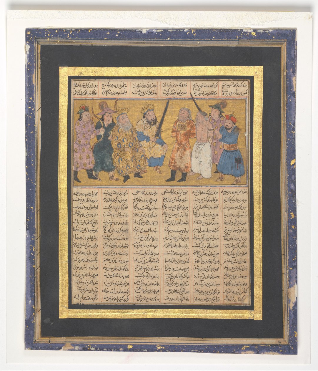 Kai Khusrau Enthroned Holding a Sword, ca.1300-30 (blekk, ugjennomsiktig akvarell og gull på papir) av Persian School
