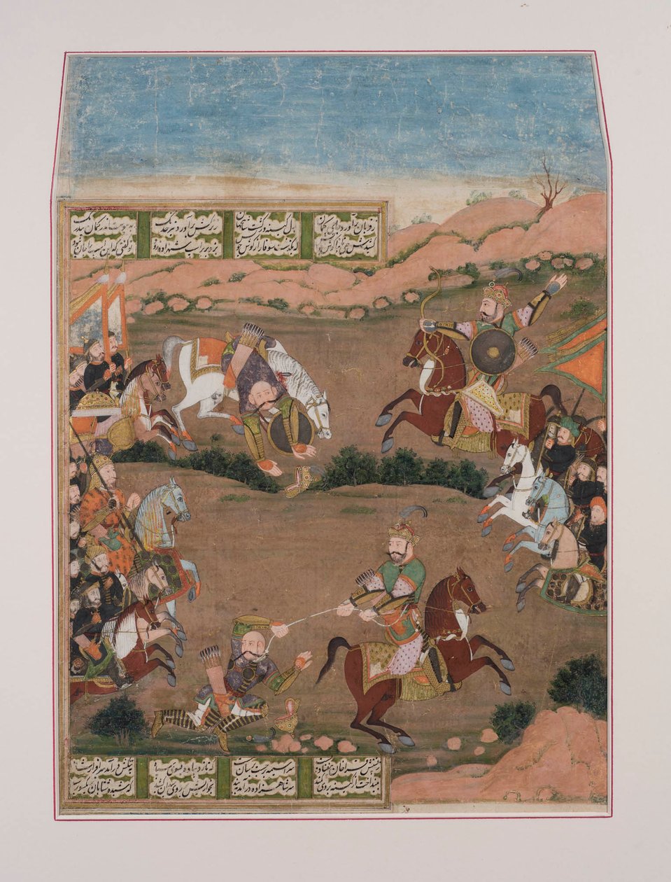 Kay-Khusrau skyter Qara Khan, fra Shahnama (gouache på papir, gullpynt) av Persian School