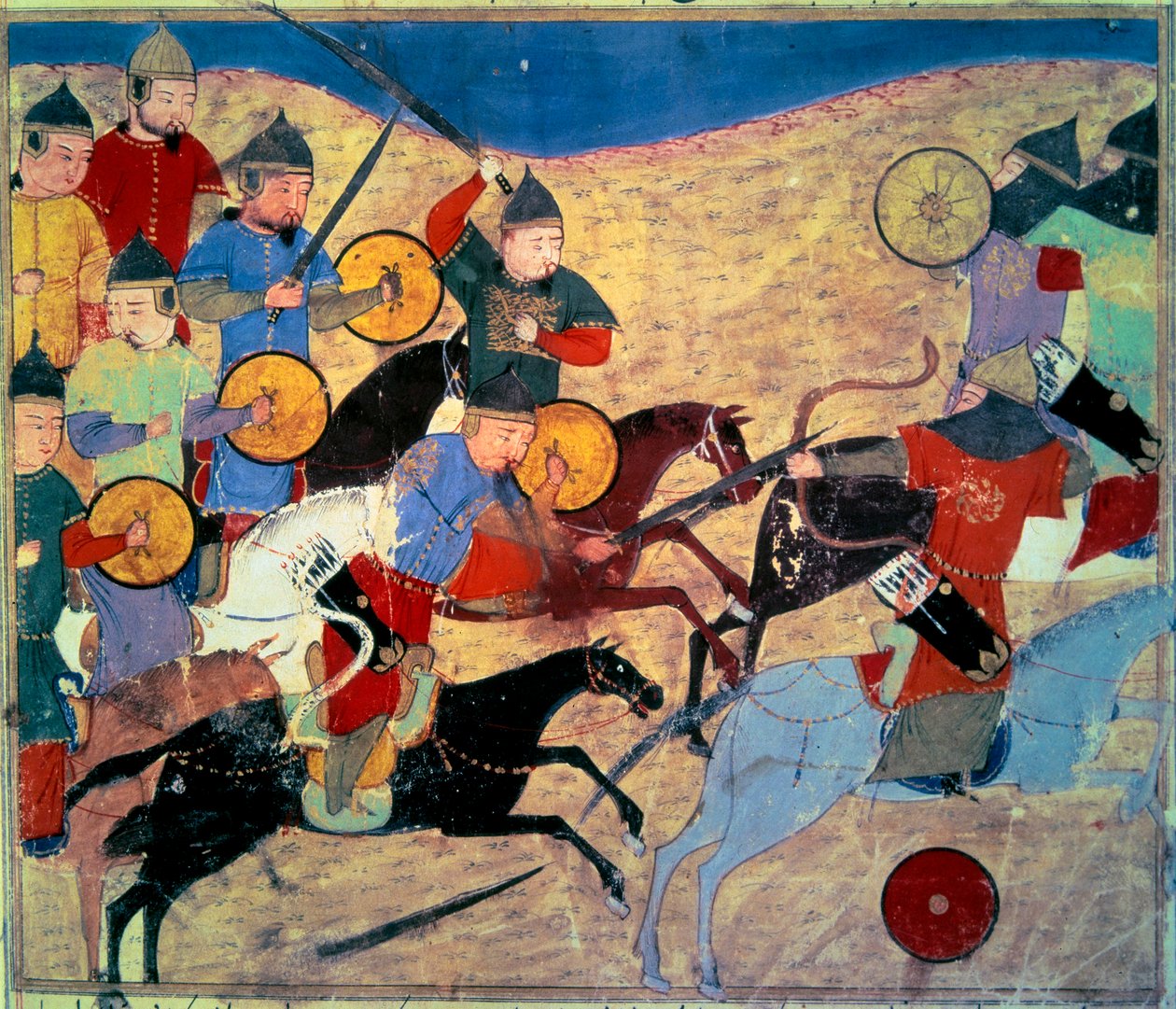 Lekkasje av Noqai (Kara Nogai Khan (Noghai, Noqai, Nokhai, Nogay, oldebarn av Genghis Khan, død 1299). Mongolske ryttere. Persisk manuskript malt "" Sum of Stories (Djame al-tavarikh) (Djame al-tavarikh)" ” (Folio 155v), skrevet av Rachid al-Din Fazl av Persian School