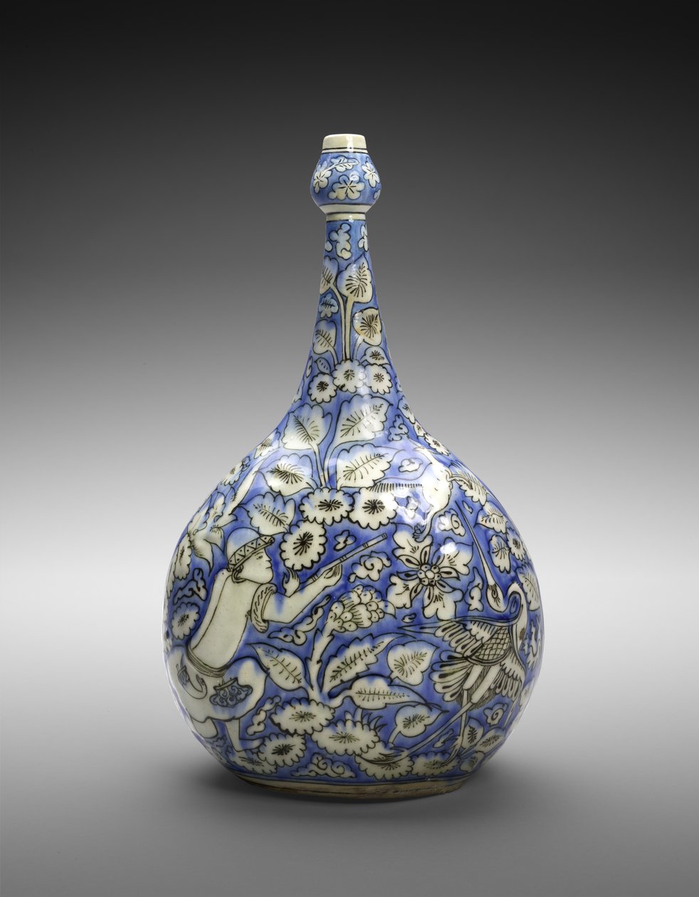 Fliket flaske med figur og blomster, midten av 1600-tallet (lustreware med ugjennomsiktig hvit og koboltblå glasur) av Persian School