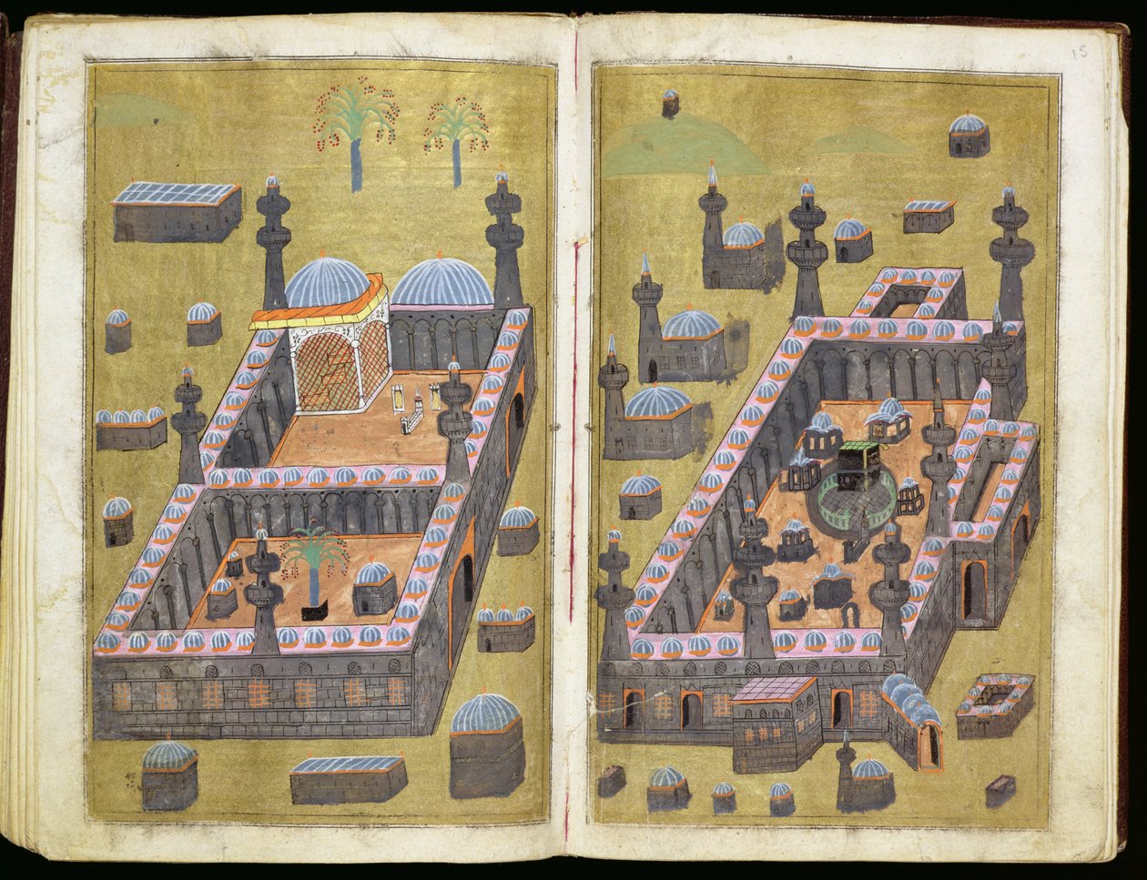 MS.343.f15v-16r Moskeen i Medina og Mekka, fra `Reasons for Charity, av Mustafa Al-Shukri, 1160 av Persian School