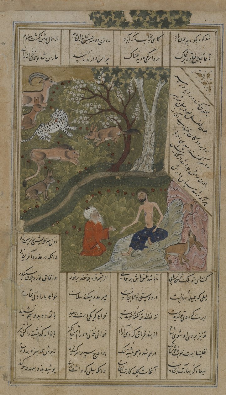 Majnun besøkt i villmarken av Shaykh Salim, folio fra en Layla u-Majnun av Nizami (d.1209) 1475-1500 (ugjennomsiktig akvarell, blekk og gull på papir) av Persian School