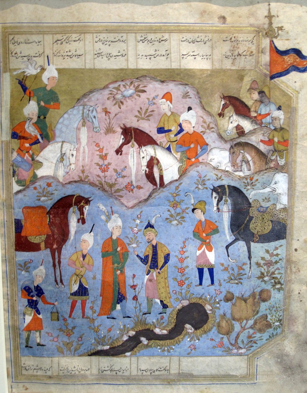 Møte mellom Siyarvush og Afrasiyab fra Firdosi Shahnam, 1565-66 (gouache med bladgull på papir) av Persian School