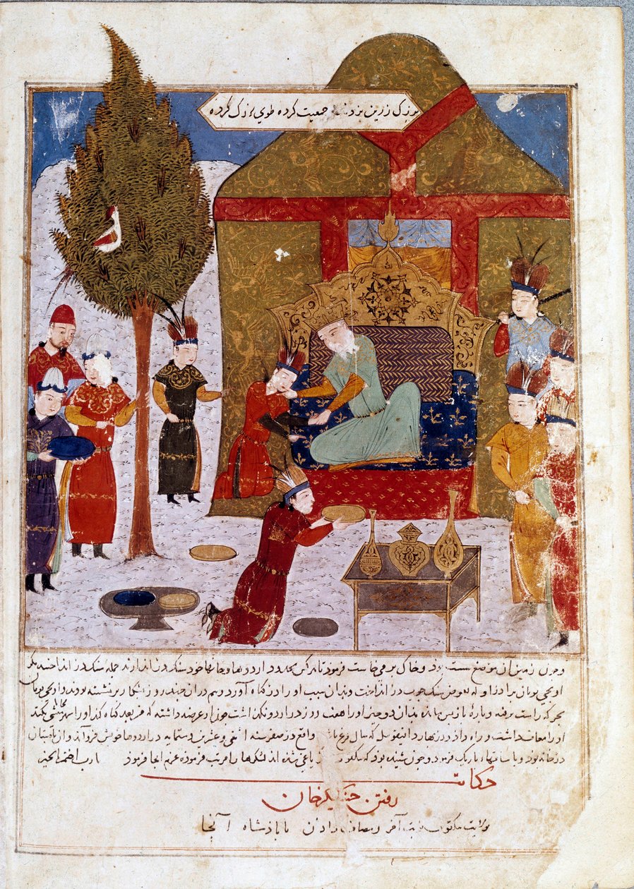 Den mongolske keiseren Genghis Khan (1167-1227) på sin trone i en leir nær Ilmil med barnebarnene Quibalai og Hule Gu persisk miniatyr hentet fra Jami al-Tawarikh (Jami al tawarikh) (Det mongolske imperiets historie) av Rashid al-Din ( al Din) (B.1247-1318 av Persian School