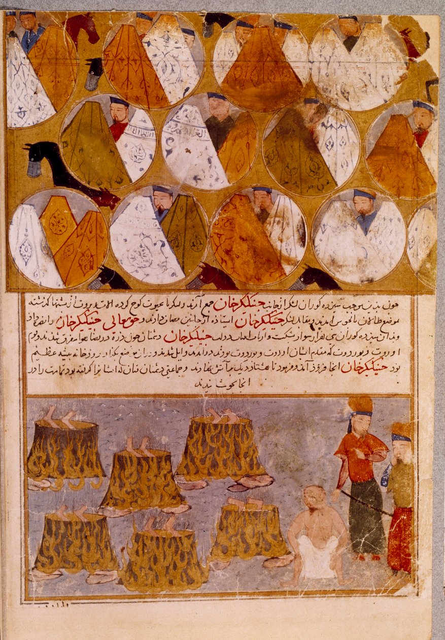 Mongolske telt og fanger av Genghis Khan (1162-1227): Genghis Khan har tilhengere av Djamuqua, en mongol fra Jadjirat-stammen kastet i grytene. Persisk miniatyr hentet fra "" Jami al-tawarikh"" (Jami al tawarikh) eller "" Universal History"" av Persian School