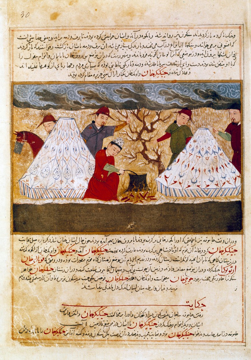Mongoler som koker persisk miniatyr hentet fra "Jami al-tawarikh" (Jami al tawarikh) eller "" Universal History"" av historikeren Rashid al-din (al din) (1247-1318) Rundt 1430. Paris, B.N. av Persian School
