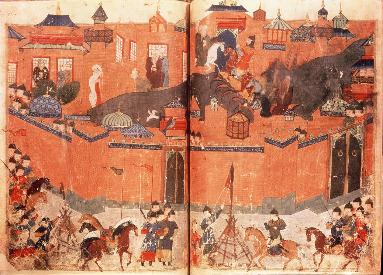 Ms.Sup.Pers.1113.f.180v-181 Mongoler under ledelse av Hulagu Khan stormet og inntok Bagdad i 1258, fra en bok av Rashid al-Din (1247-1318) (vellum) av Persian School