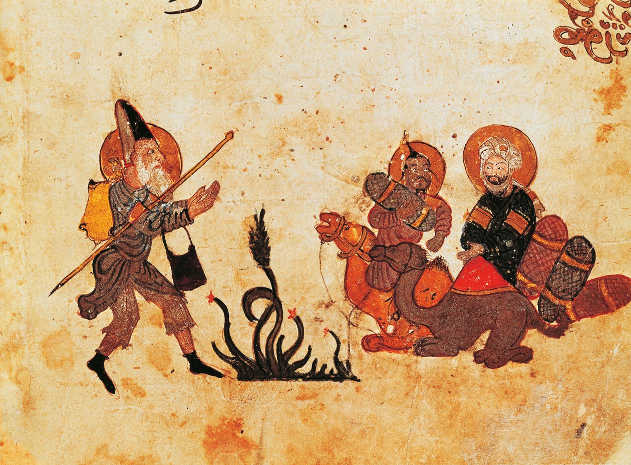 Ms Ar 3929 f.69, Abu Zayd forlater al-Harith under pilegrimsreisen til Nord-Irak, fra Al Maqamat, (The Meetings), illustrert av Hariri, andre kvartal av det 13. århundre (gouache på vellum) (se en av Persian School