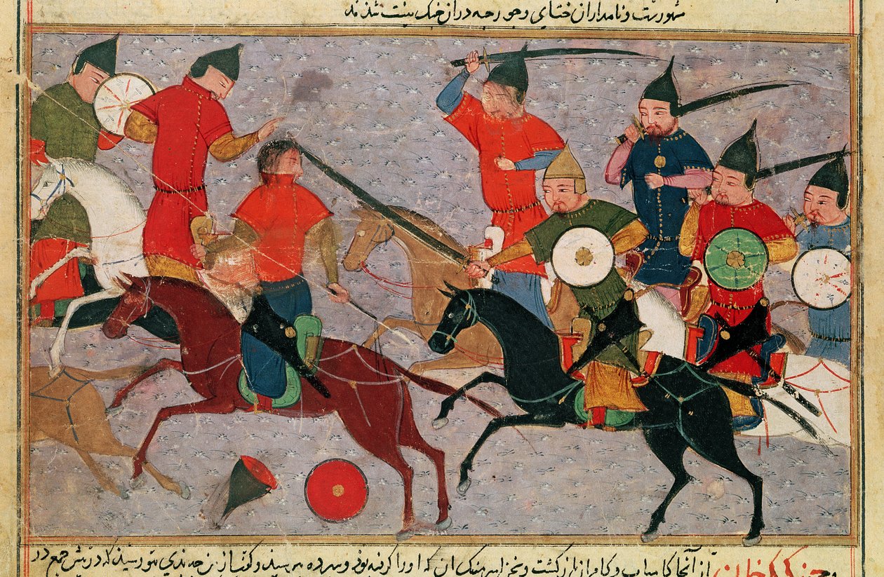 Ms Pers.113 f.49 Genghis Khan (ca. 1162-1227) i Battle, fra en bok av Rashid-al-Din (1247-1318) (gouache) av Persian School