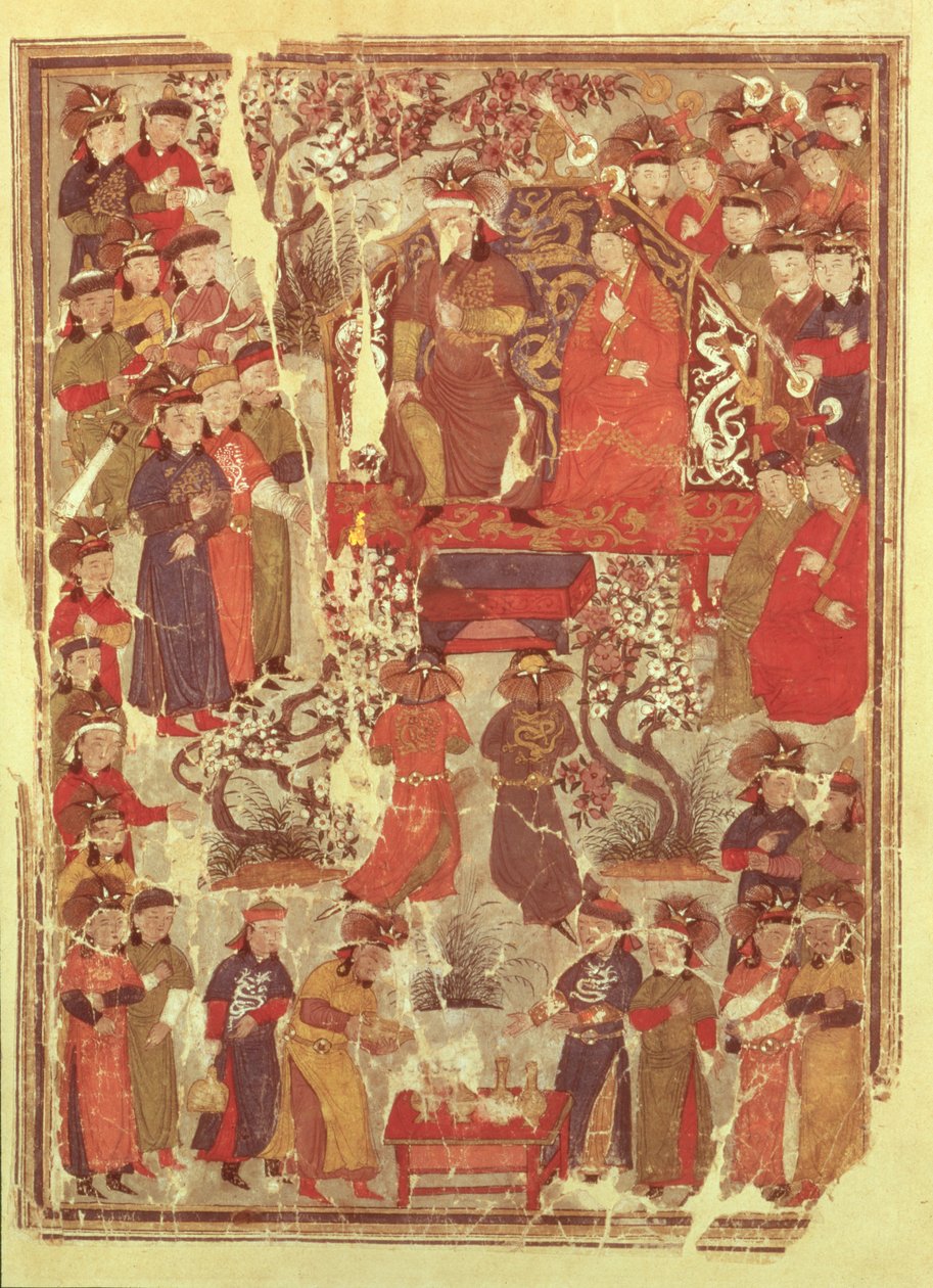 Ms. Supp. Pers. 1113 f.126v Genghis Khan og hans kone Bortei tronet foran hoffmenn, folio fra en bok kalt Jami al Tawarikh (Universal History) av Rashid ad-Din (1247-1318) av Persian School
