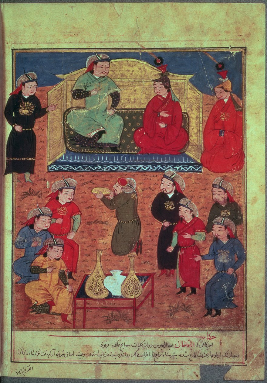 Fru Support. Kjæledyr. 1113 fol.203v Arhaan Khan med to av hans koner og sønnen Ghazan, fra en bok av Rashid ad-Din (1247-1318) av Persian School