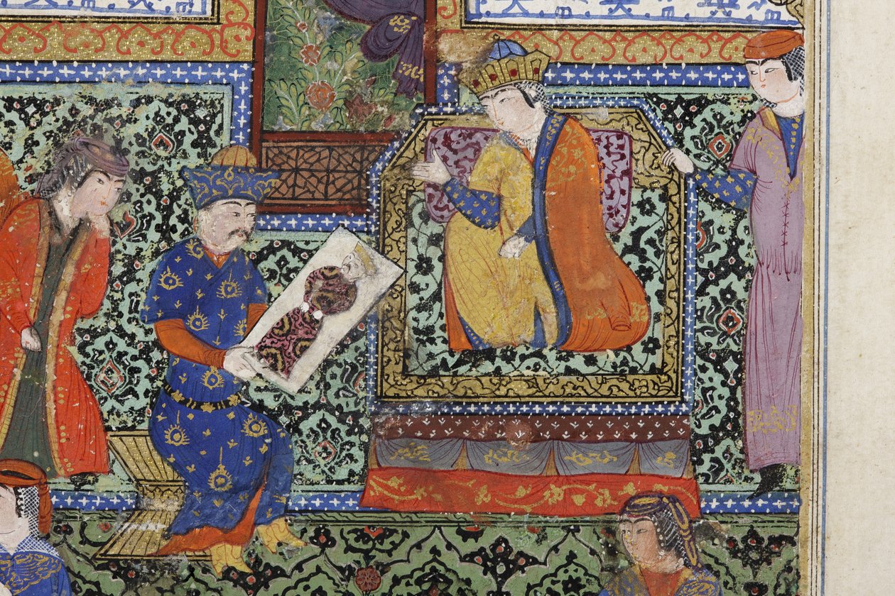 Nushabeh mottar portrettet av Eskandar, ca. 1475 (ugjennomsiktig wc på papir) av Persian School