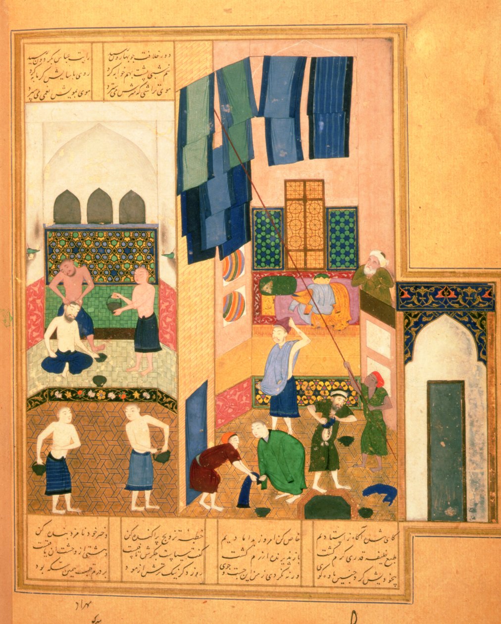 Or.6810 f.27v Harun al-Rashid og frisøren i et tyrkisk bad (vellum) av Persian School