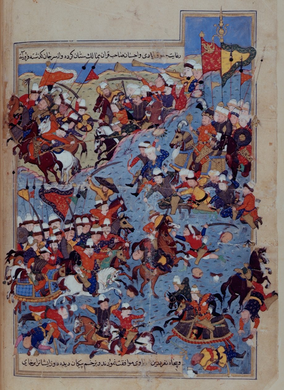 Eller 5736 fol.122v Slaget mellom Timur (1336-1405) og Tuqtamish Khan i 1395, fra 