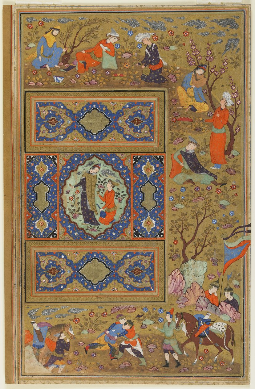 Par elskere, ca. 1590-1610 (blekk, ugjennomsiktig akvarell og gull på papir) av Persian School