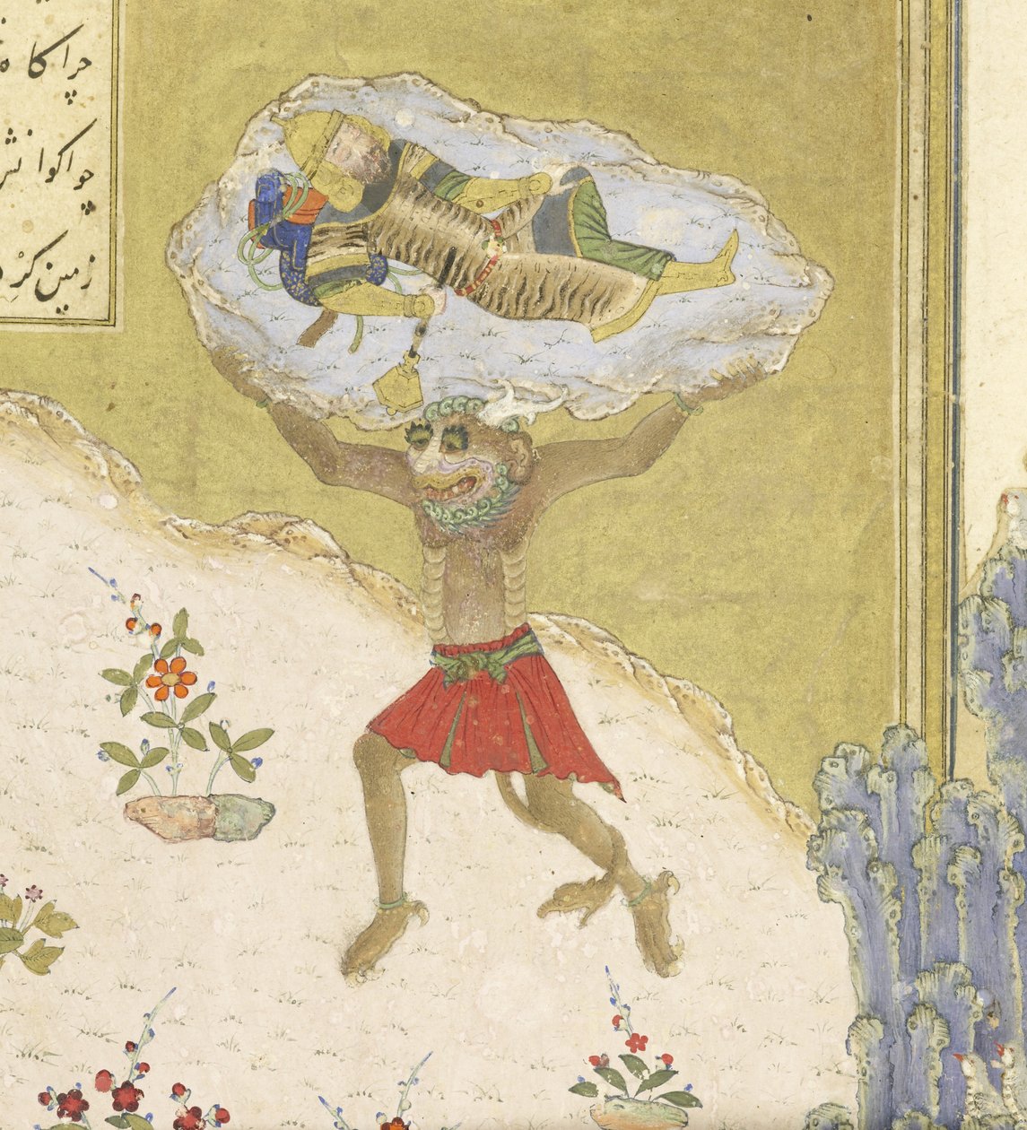 Persisk 239 fol.165b Detalj: Div Akvan løfter den sovende Rustam, illustrasjon fra Shahnama (Kongenes bok), av Abul-Qasim Mansur Firdawsi (ca.934-c.1020), 1444 av Persian School