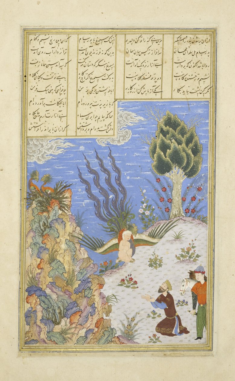 Persisk 239 fol.16b Simurgh gjenoppretter Z?l til S?m, illustrasjon fra Shahnama (Kongenes bok), av Abul-Qasim Mansur Firdawsi (ca.934-c.1020), 1444 av Persian School