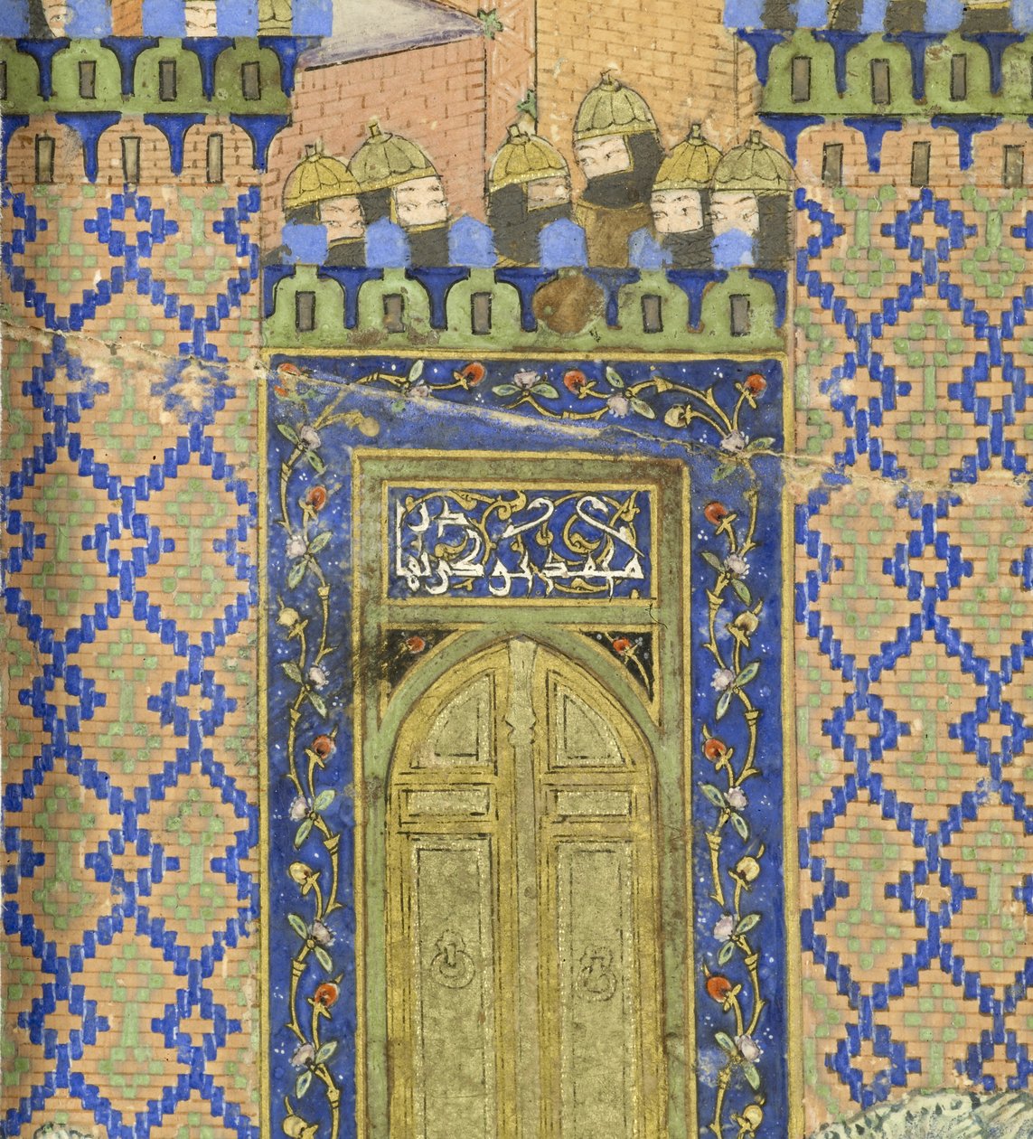 Persisk 239 fol.278a Detalj: Isfandiy?r dreper Arj?sp in the Brazen Hold, illustrasjon fra Shahnama (Kongenes bok), av Abul-Qasim Mansur Firdawsi (ca.934-c.1020), 1444 av Persian School