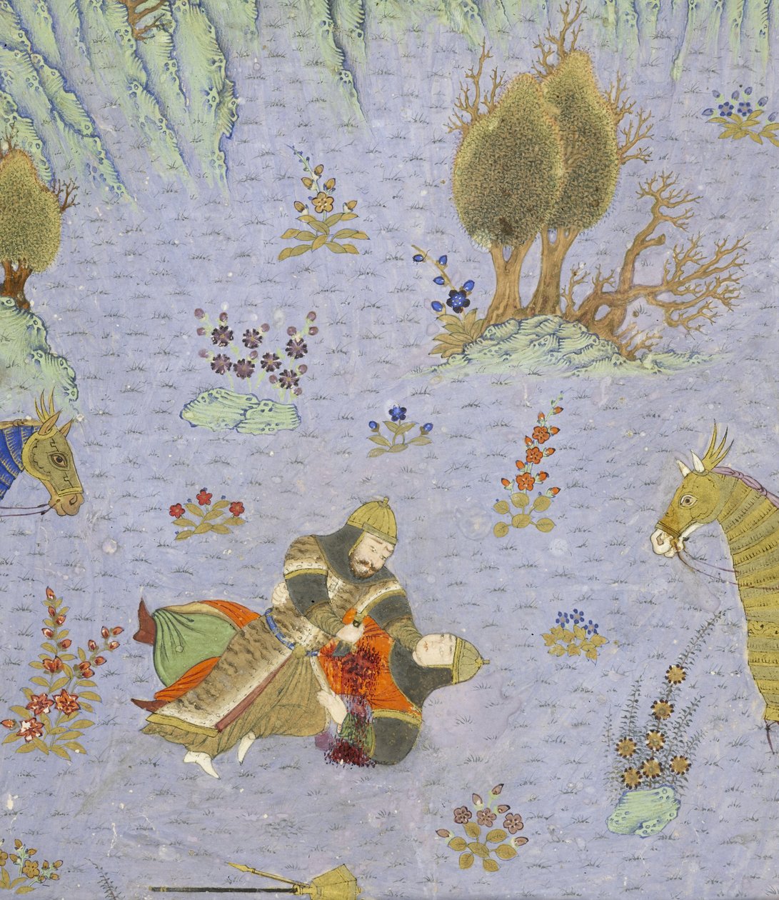 Persisk 239 fol.67b Detalj: Suhr?b drept av Rustam, illustrasjon fra Shahnama (Kongenes bok), av Abul-Qasim Mansur Firdawsi (ca.934-c.1020), 1444 av Persian School
