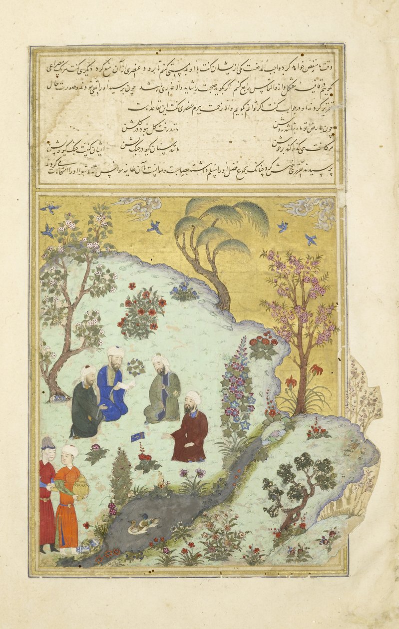 Persisk 239 fol.7a Firdausi møter hoffdikterne til Ghazni, illustrasjon fra Shahnama (Kongenes bok), av Abul-Qasim Mansur Firdawsi (ca.934-c.1020), 1444 av Persian School