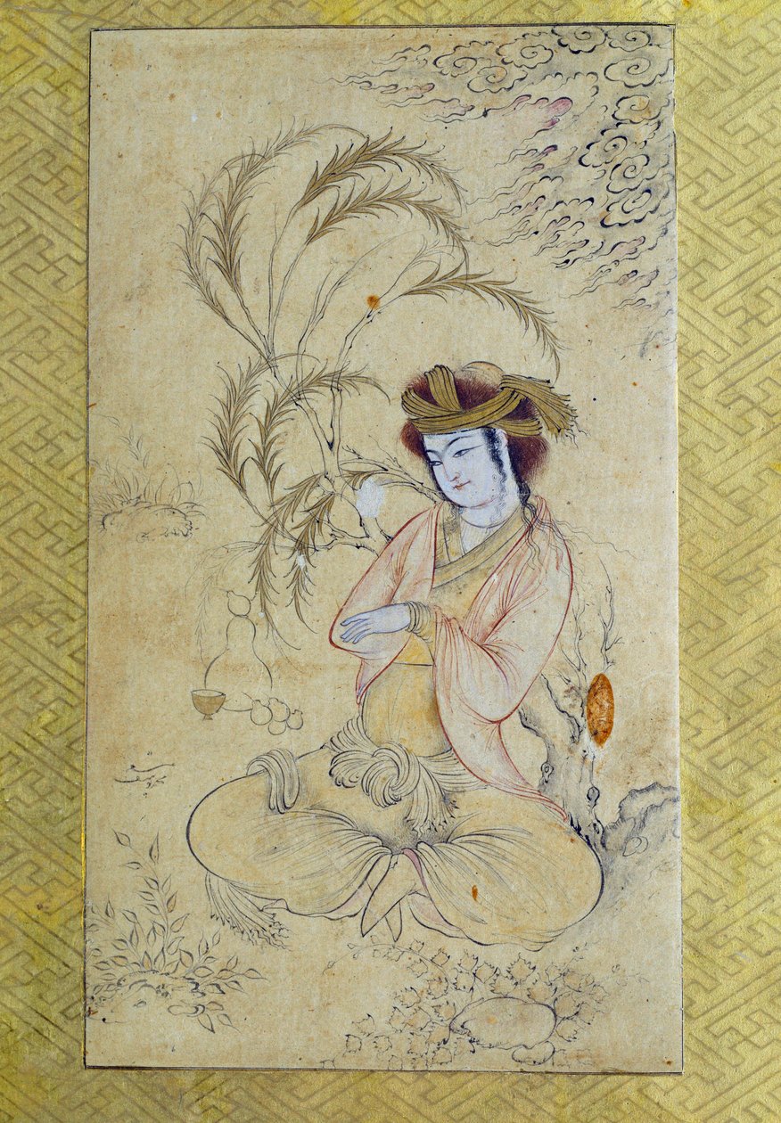 Persisk kunst: "" ung mann som vender tilbake under en pil"" Anonym Gouache fra 1600-tallets Paris, Louvre-museet av Persian School