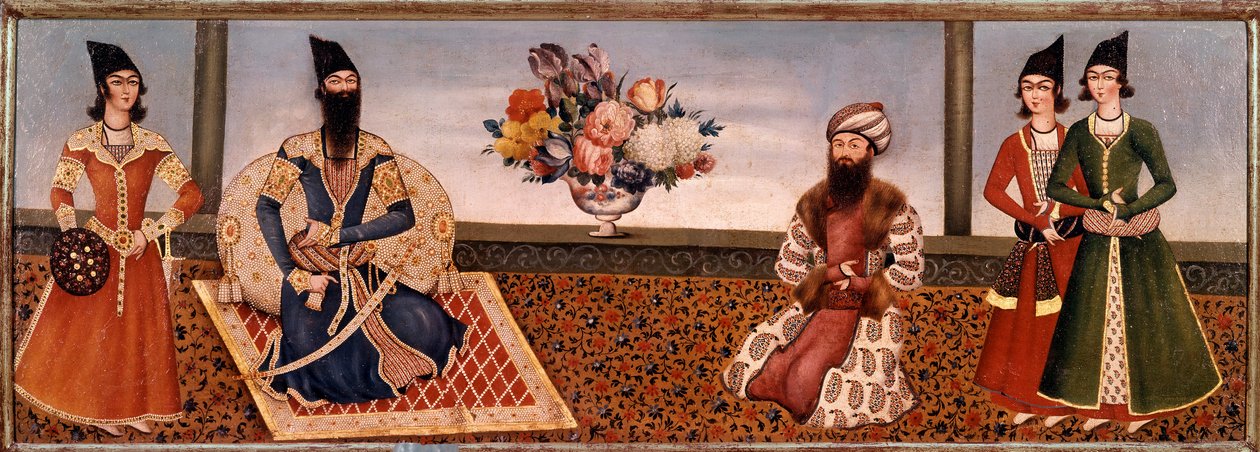 Den persiske kong Fath Ali Shah (1771-1834) omgir medlemmer av hoffet hans Painting of Shiraz School (Shiraz) (1800-tallet) Teheran, Foroughi Collection av Persian School