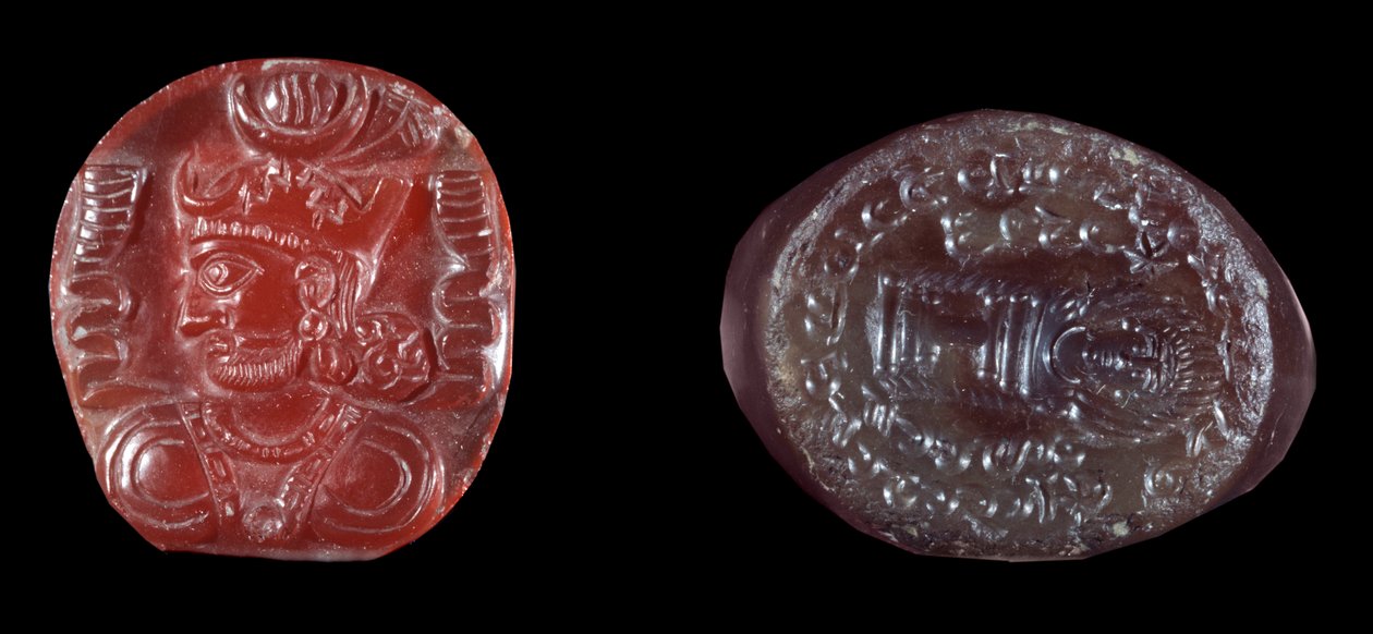 Persisk kunst: camee av Kavadh I (eller Qobad, Kobad, Kabad) (488-496 e.Kr.) konge av det andre persiske imperiet og agatstempel fra sassanidperioden. 5. eller 6. århundre e.Kr. Paris, B.N. av Persian School