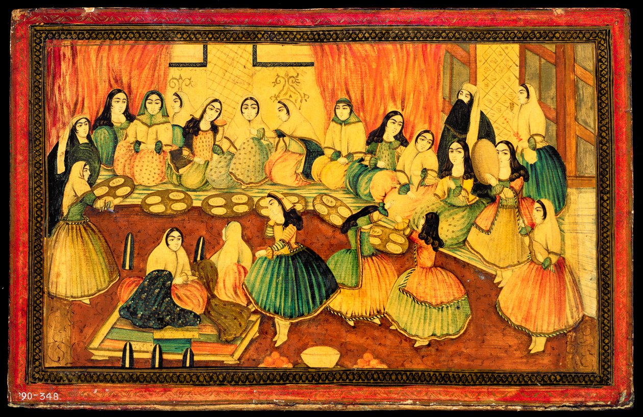 Persisk selskap for kvinner, halvparten av bokomslaget, Iran, 1800-tallet (farget pappmache med gull og blekk) av Persian School