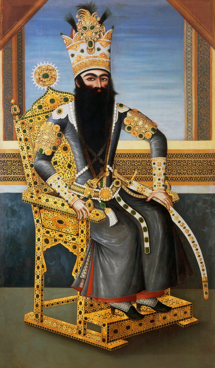 Portrett av Fath Ali Shah (1762-1834), ca 1805, konge av Persia fra 1797 til 1834, ukjent kunstner, olje på lerret av Persian School
