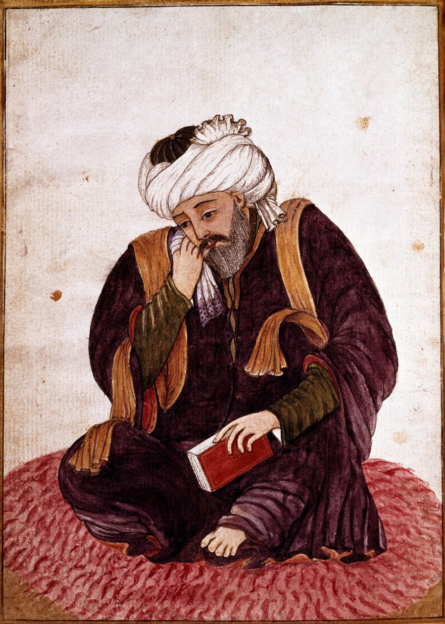 Portrett av Hafez med hans virkelige navn Khwajeh Chams ad-din Mohammad Hafez-e Chirazi (ad Din Mohammad Hafez e Chirazi) persisk poet og mystiker fra 1300-tallet. Miniatyr. Nasjonalmuseet i Damaskus, Syria. av Persian School