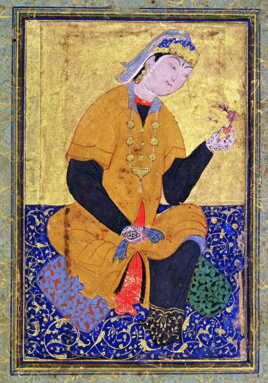 Portrett av Hamida Banu Begum, holder et segl, illustrert folio fra Anthology of Mir Ali, 1550, av Persian School