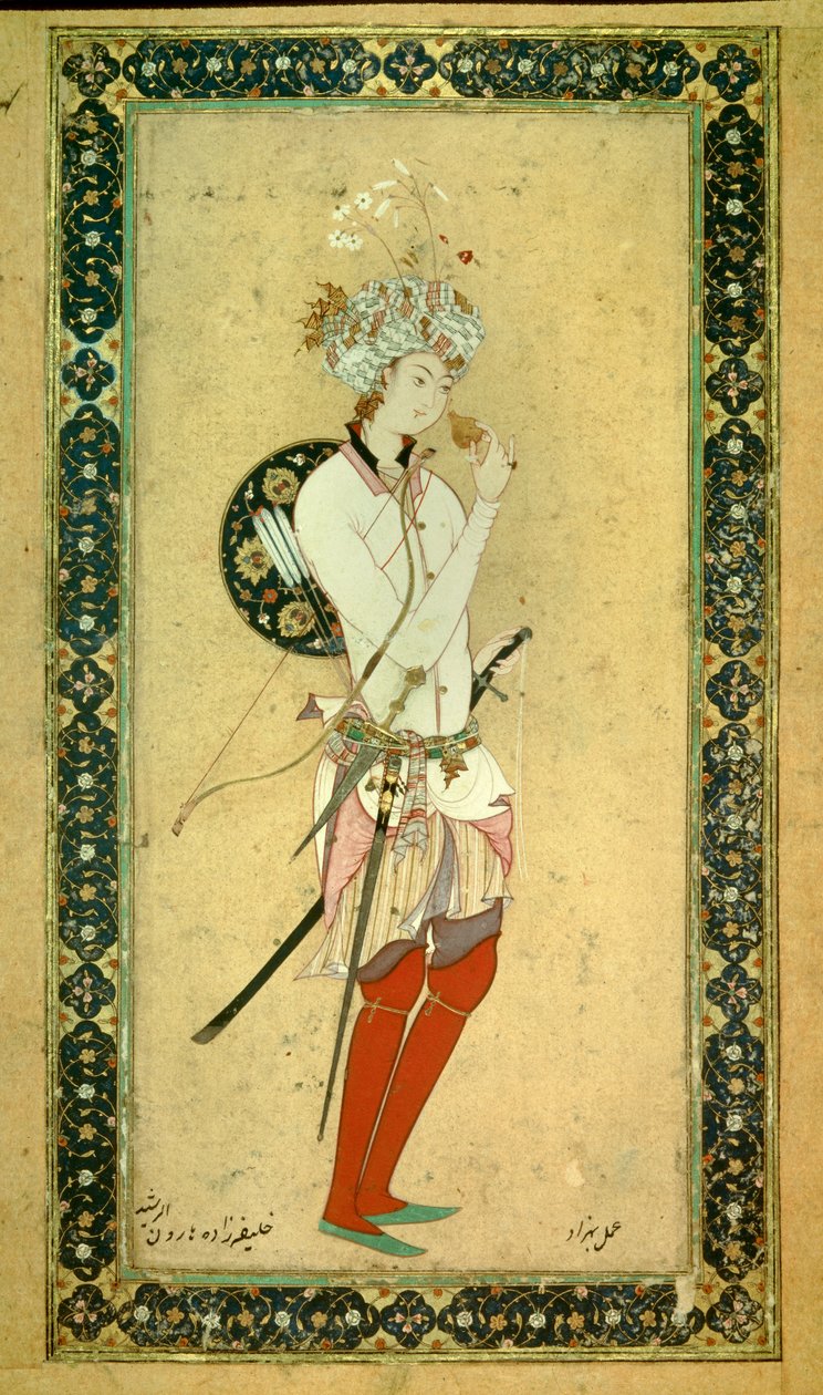 Portrett av Haroun al-Rashid (Harun al Rashid eller al-Rashid (al Rashid) eller ar Rashid (ar-Rashid) eller el Rashid (el-Rashid) eller el Raschid (el-Rashid) eller al Raschid (al-Rashid) , Abassid kalif (766? 809). Persisk miniatyr av Persian School
