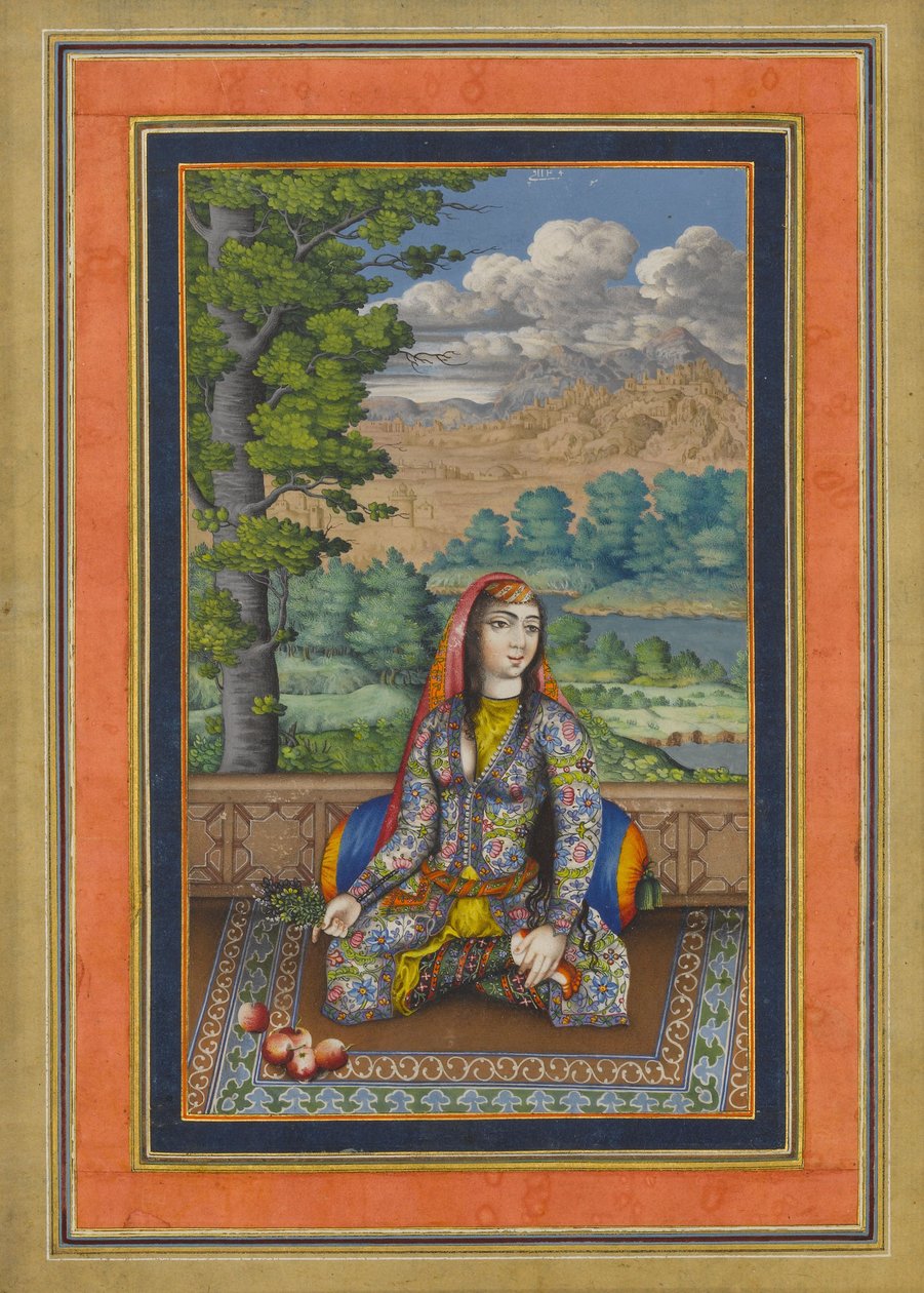 Portrait of a Persian Lady, Folio fra Davis Album, ca. 1736-37 (blekk, ugjennomsiktig akvarell og gull på papir) av Persian School
