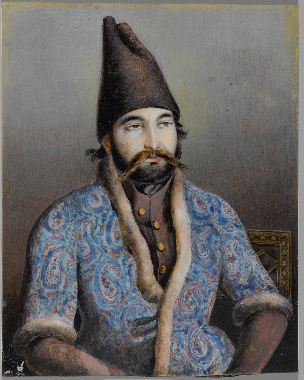 Portrett av en adelsmann eller kongelig skikkelse, muligens Muhammad Shah Qajar (blekk og ugjennomsiktig wc på elfenben eller skjell) av Persian School