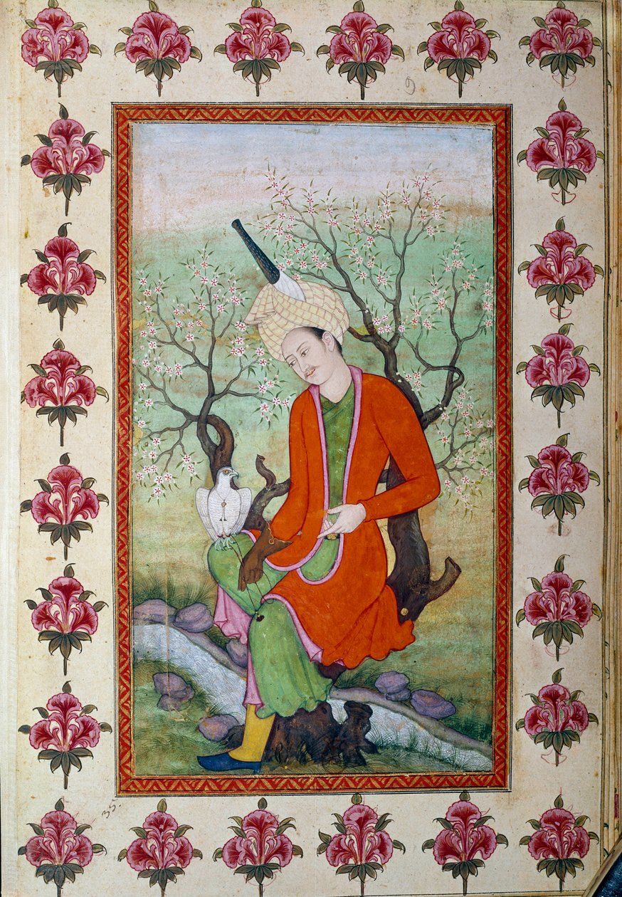 Prinsen hviler mens han jakter med en hauk. Persisk miniatyr av Persian School