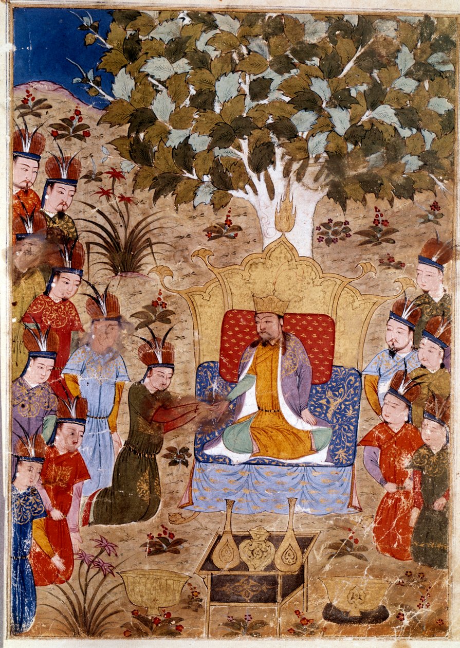 Representasjon av Chaghtai Khan (1227-1242) på tronen hans, han er sønn av Genghis Khan til hest. Persisk miniatyr hentet fra Jami al-Tawarikh" (Jami al tawarikh) eller ""Universal History"" av historikeren Rashid al-din (al din) (1247-1318) Rundt 1430. av Persian School