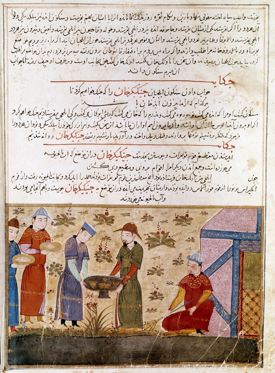 Representasjon av Genghis Khan (1162-1227) som inngår allianser. Persisk miniatyr hentet fra "" Jami al-tawarikh"" (Jami al tawarikh) eller "" Universal History"" av historikeren Rashid al-din (al din) (1247-1318) Rundt 1430. Paris, B.N. av Persian School