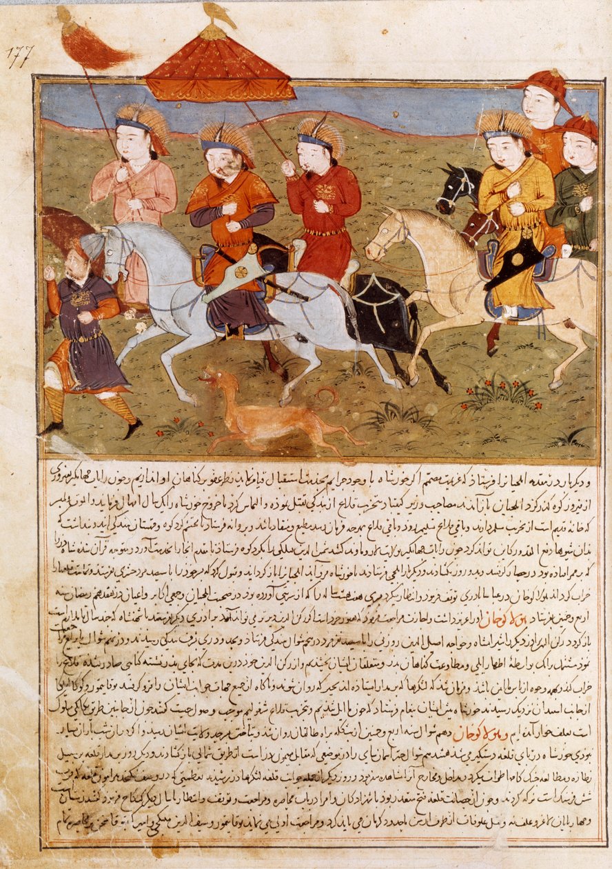 Representasjon av Houlagou Khan, barnebarn av Genghis Khan riding. Persisk miniatyr hentet fra Jami al-Tawarikh” (Jami al tawarikh) eller “” Universal History”” av historikeren Rashid al-din (al din) (1247-1318) Rundt 1430. Paris, B.N. av Persian School