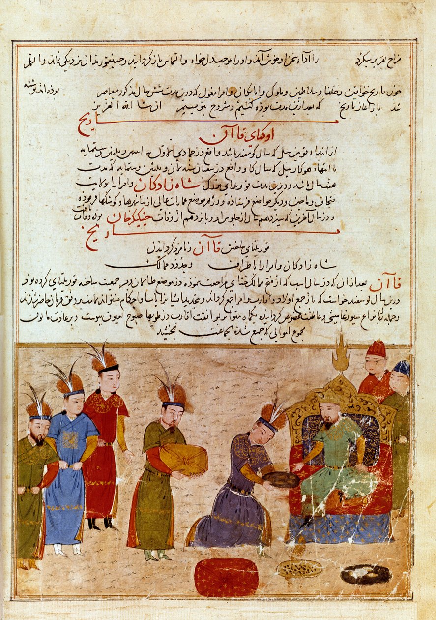 Representasjon av Ogodei Khan (1186-1241), han er sønn av Genghis Khan. Persisk miniatyr hentet fra "" Jami al-tawarikh"" (Jami al tawarikh) eller "" Universal History"" av historikeren Rashid al-din (al din) (1247-1318) Rundt 1430. Paris, B.N. av Persian School