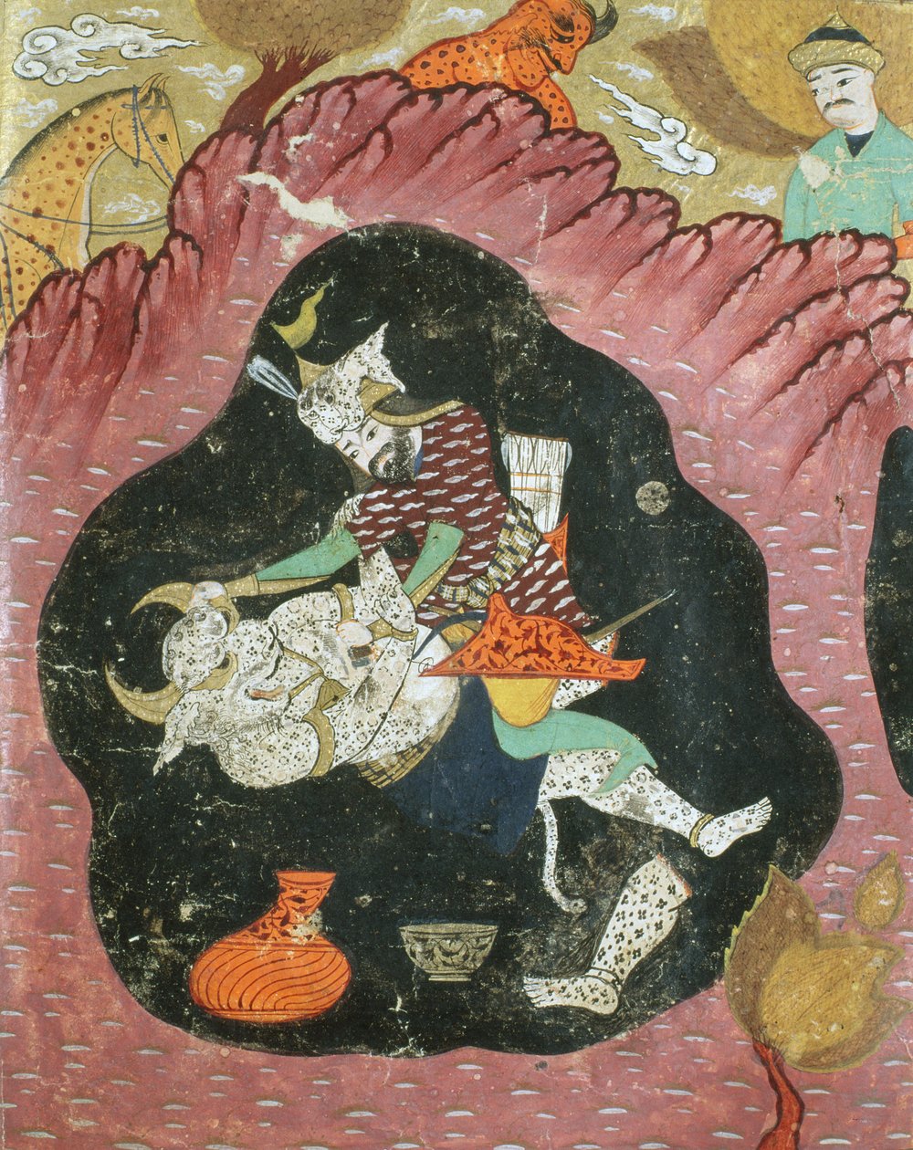 Rostam dreper den hvite demonen i en hule, illustrasjon fra Shahnama (Kongenes bok) av Abul-Qasim Manur Firdawsi (ca.934-c.1020) 1615 av Persian School