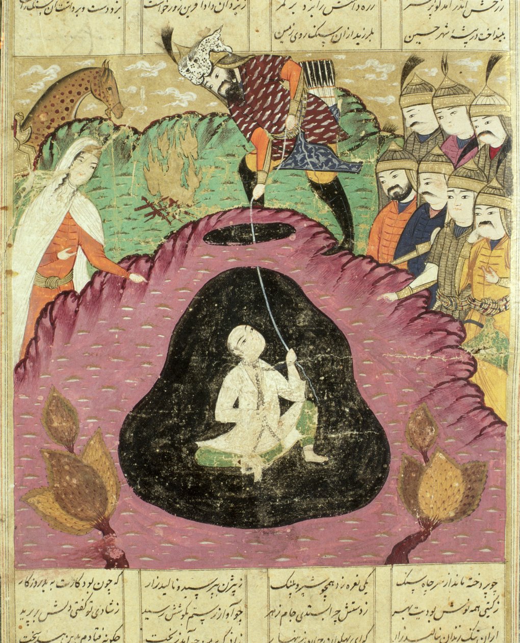 Rostam trekker Bijan fra hulen, illustrasjon fra Shahnama (Kongenes bok) av Abul-Qasim Manur Firdawsi (ca.934-c.1020) 1619 av Persian School