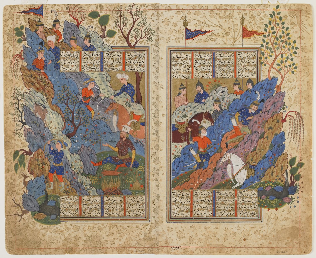Rustam slår tilbake steinen rullet på ham av Bahman fra en Shahnama (Kongenes bok), ca. 1590-1600 (blekk, ugjennomsiktig akvarell og gull på papir) av Persian School