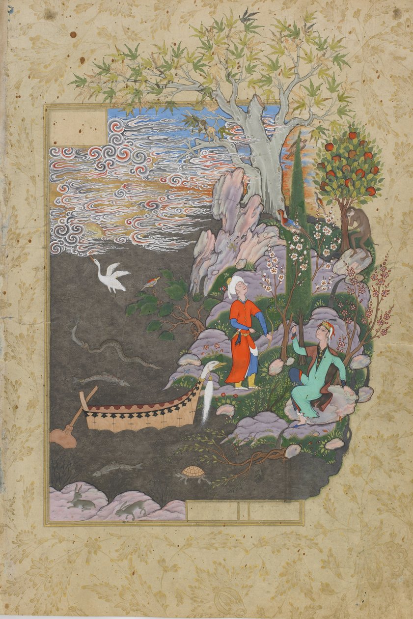 Salaman og Absal hviler på den lykkelige øya, folio fra en Haft awrang (Syv troner) av Jami (d.1492) sannsynligvis Mashad, Khurasan, Iran, Safavid-dynastiet, 1556-1565 (blekk, ugjennomsiktig akvarell og gull på p. av Persian School