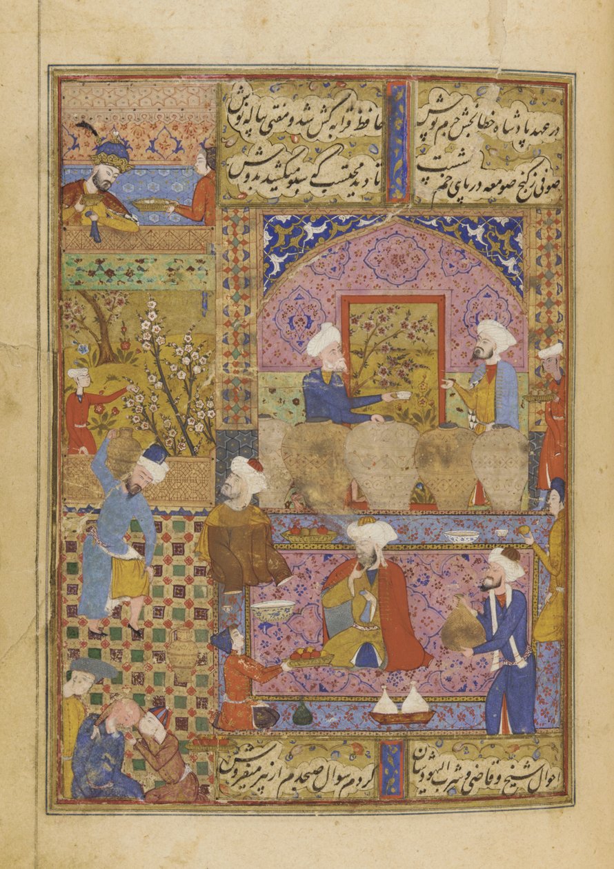 Scene i en taverna fra en Divan av Hafiz, ca. 1552-53 av Persian School