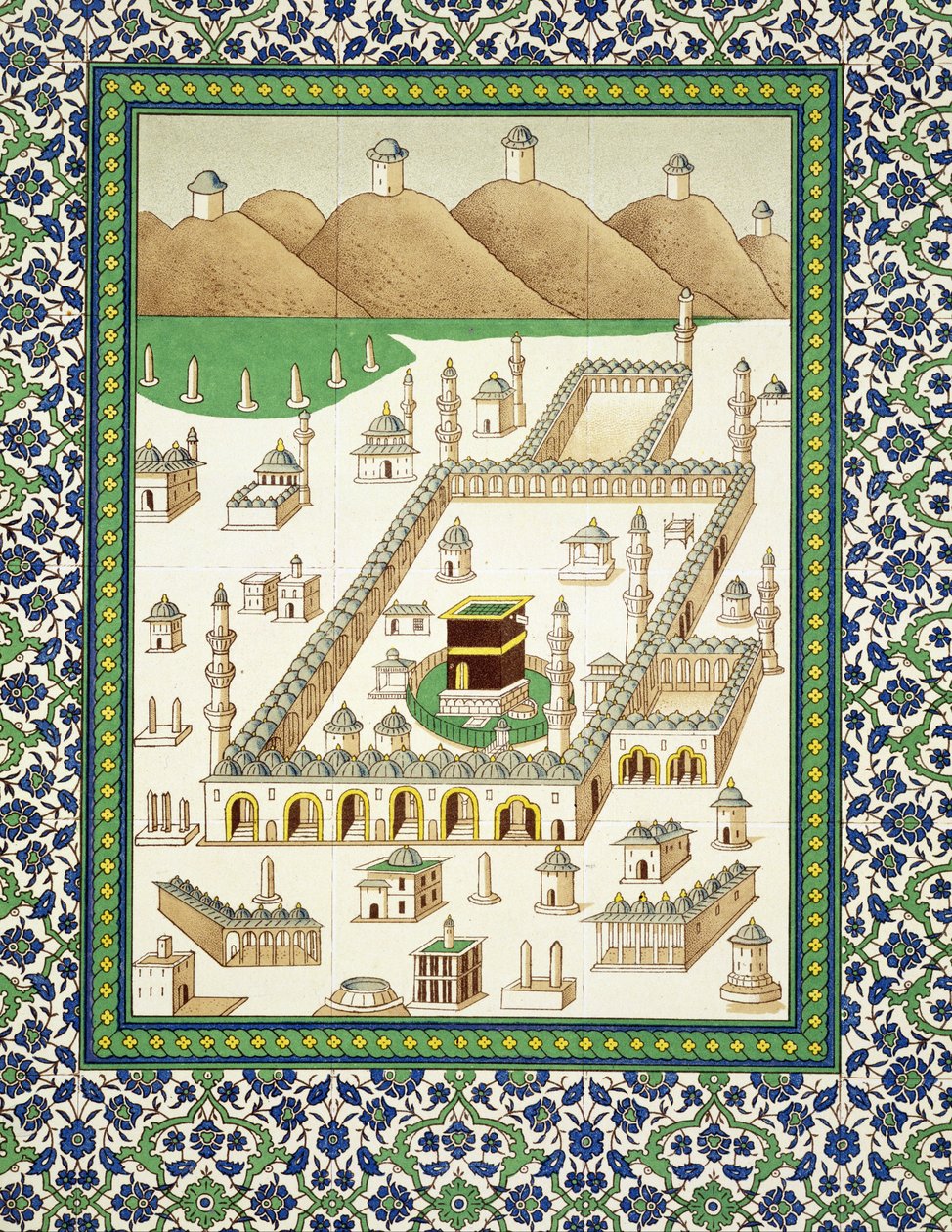 Skjematisk utsikt over Mekka, som viser Quabah, fra en bok om persisk keramikk (trykk) av Persian School