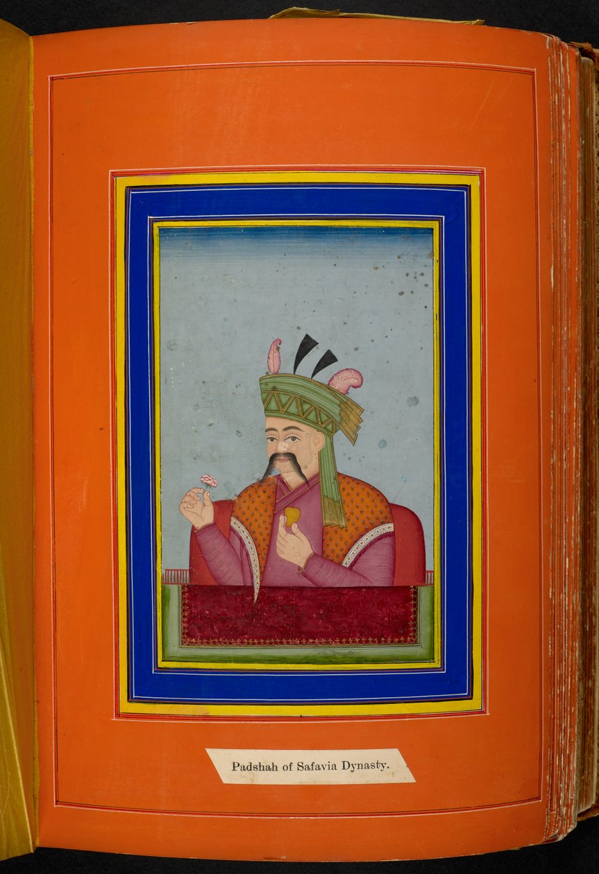Shah Abbas I av Persia (reg. 1588-1629) hode- og skulderportrett, ser til venstre (ugjennomsiktig akvarell på papir) av Persian School